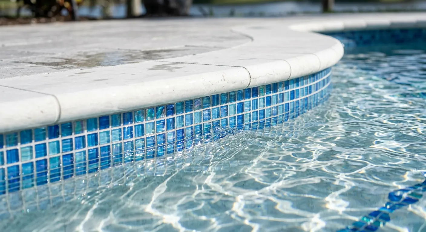 Gros plan sur une ligne d’eau en mosaïque bleue neuve et des margelles blanches