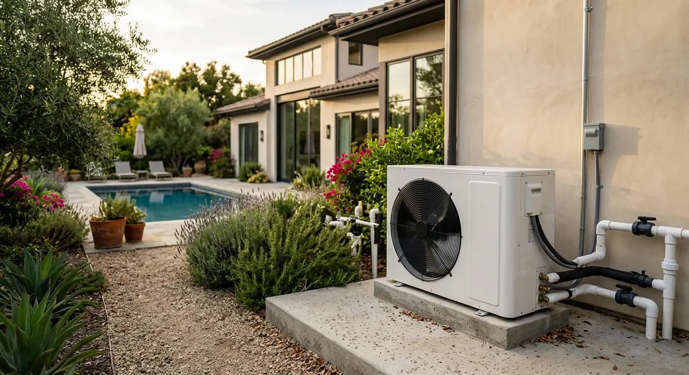 Pool heat pump installed near the pool
