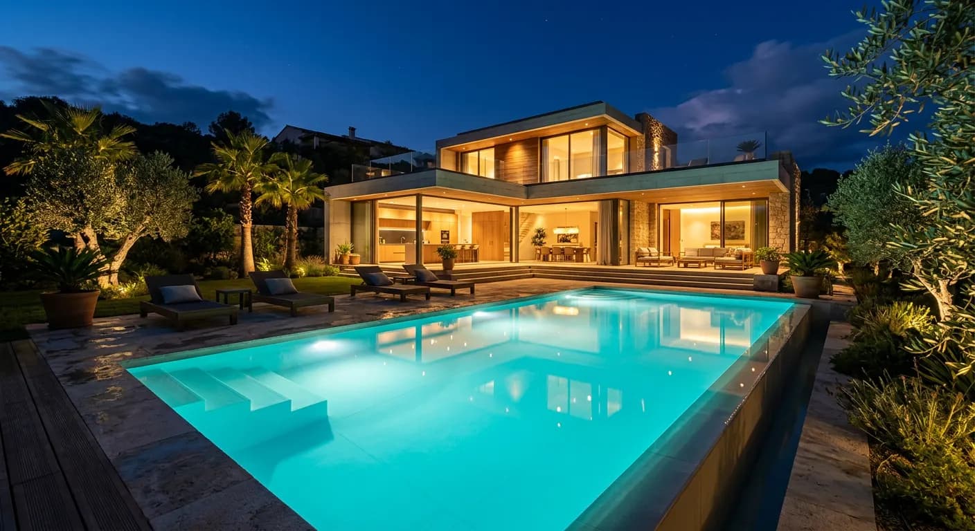 Piscine éclairée la nuit par des projecteurs subaquatiques, devant une maison moderne