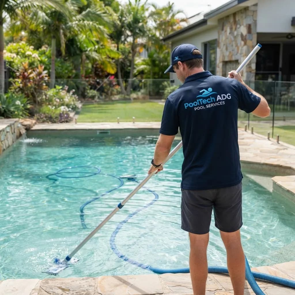 Technicien PoolTech ADG, logo sur le polo, nettoyant le fond d’une piscine résidentielle à l’aspirateur manuel