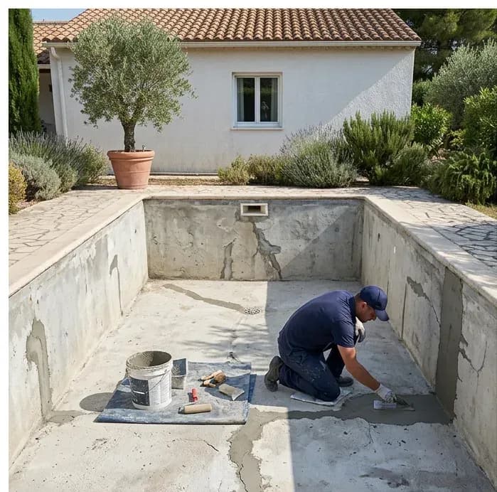 Before and after comparison of a pool: worn tiles on one side, new blue mosaic and clear water on the other