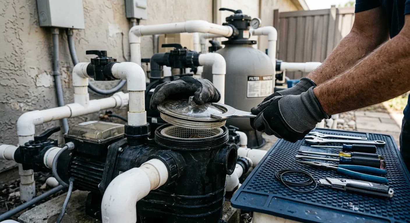 Technician repairing a pool pump in an equipment room