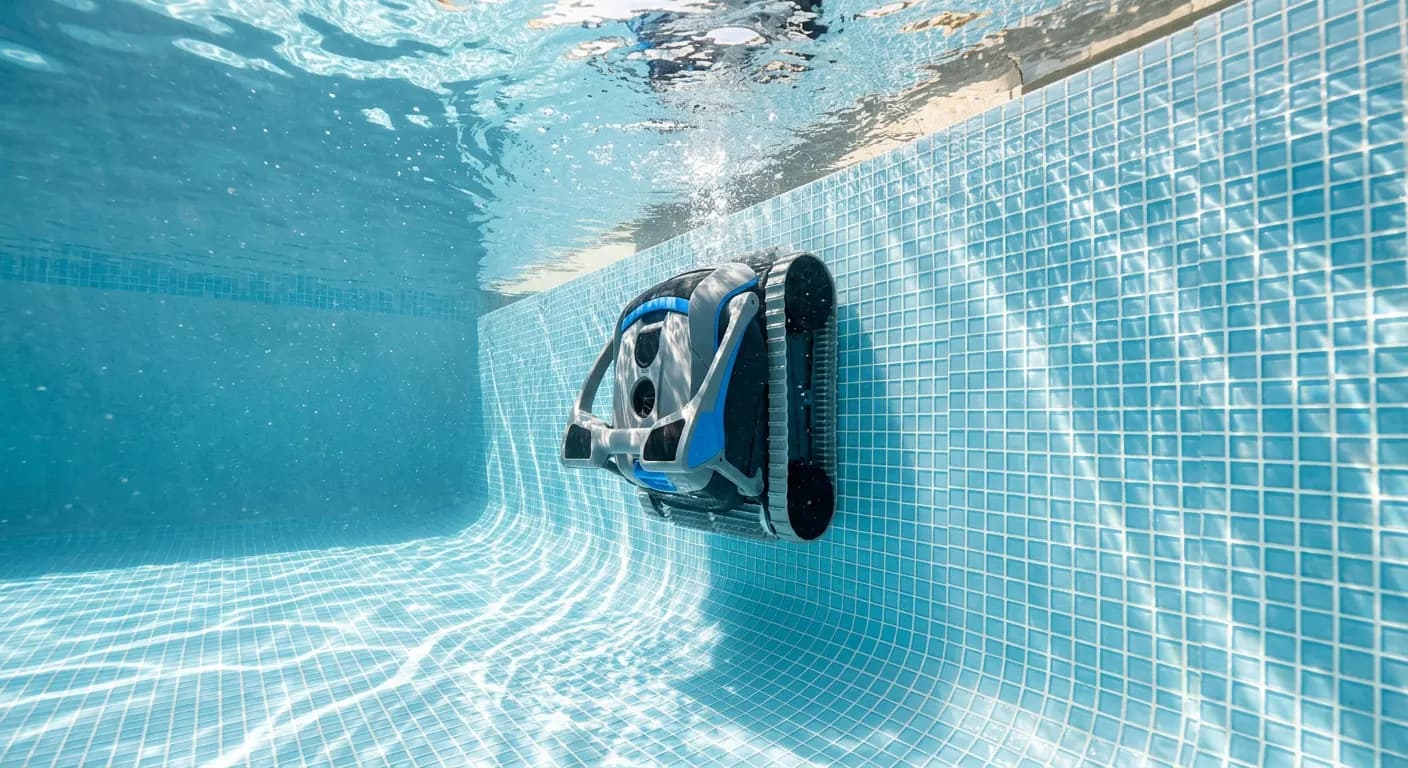 Robot nettoyeur de piscine au fond d’un bassin à l’eau claire