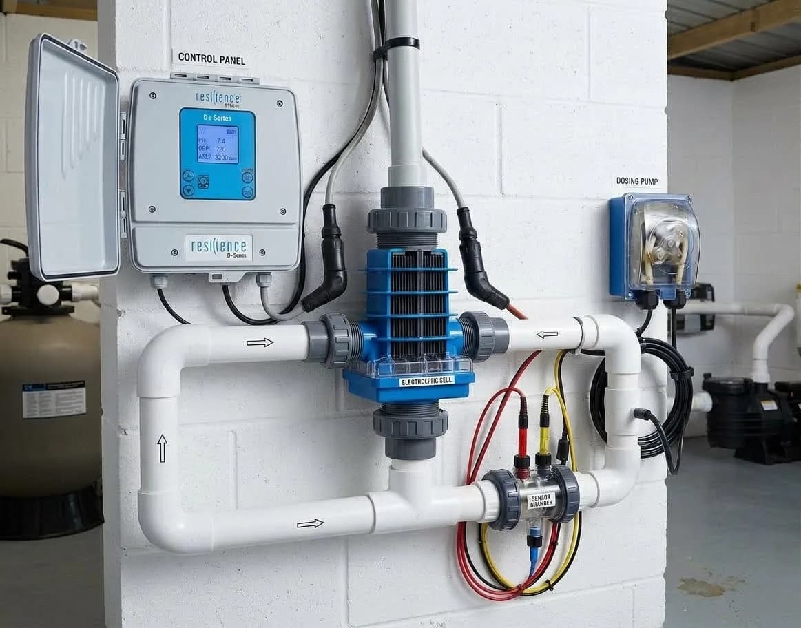 Wall-mounted Resilience D-Series salt chlorinator installation: control panel, blue electrolytic cell plumbed into the PVC lines, sensor chamber and dosing pump, with the filter and pump in the background